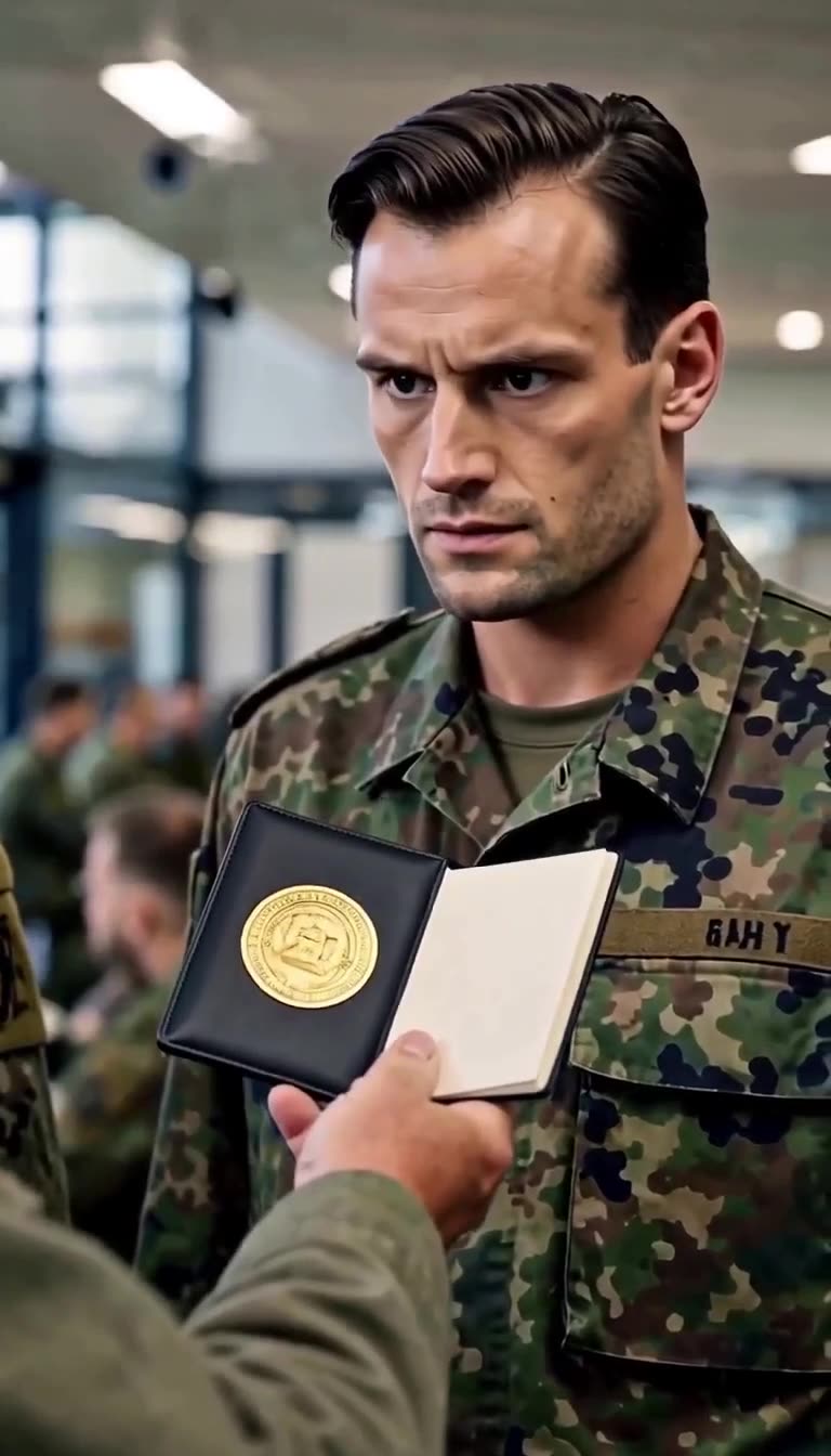 Der alte Mann hält dem jungen Offizier ein geöffnetes Dienstabzeichen mit goldenem Siegel entgegen.