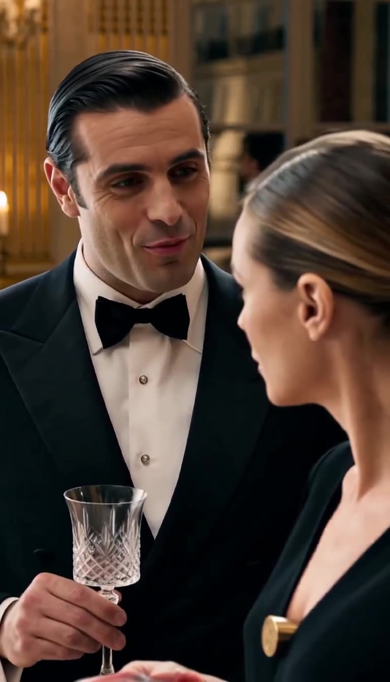 Adrien smirks maliciously holding a crystal wine glass while confronting Camille in her black gown