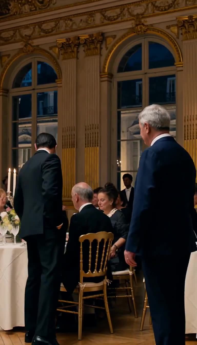 Adrien turns away toward the dinner tables as Henri follows closely with a grim and decisive expression