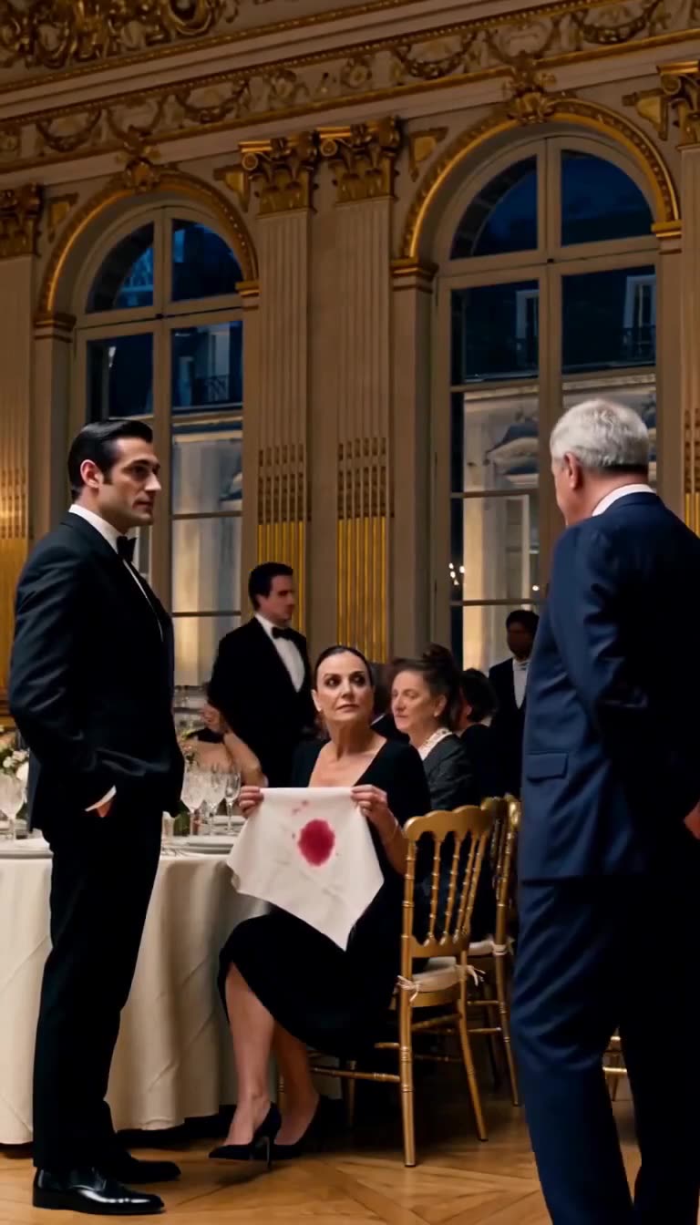 An aristocratic matriarch seated at a banquet table displaying a red wine-stained white napkin