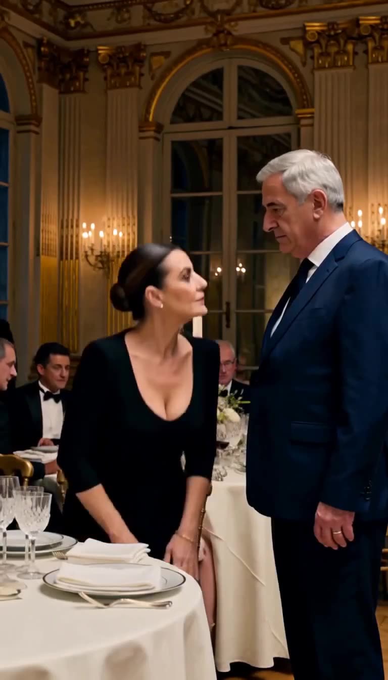 The distressed family matriarch urgently conferring with an elder guest in a formal dining hall