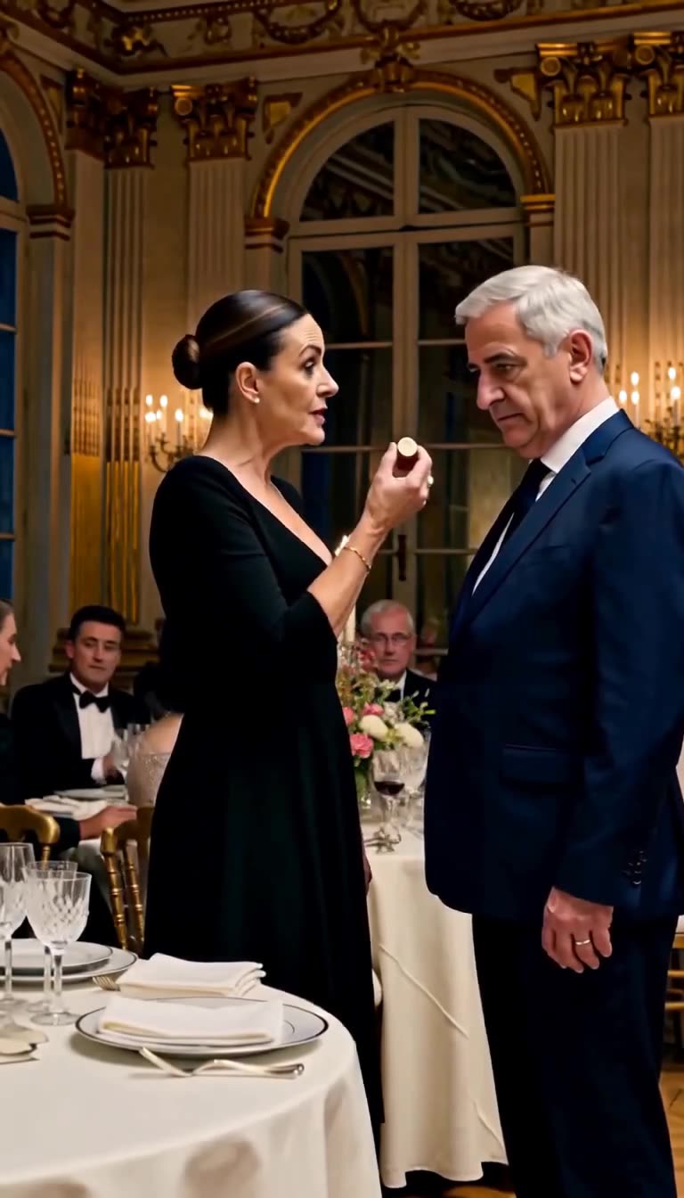 Camille holding up the brass seal ring directly in front of a stunned Henri