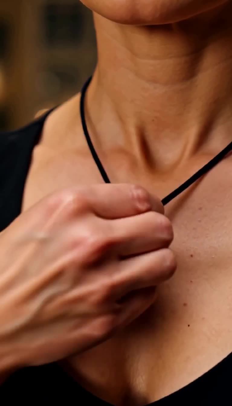 Detailaufnahme von Elenas Hand, die eine dunkle Kordel mit einem verborgenen Ring an ihrem Dekolleté hervorzieht.