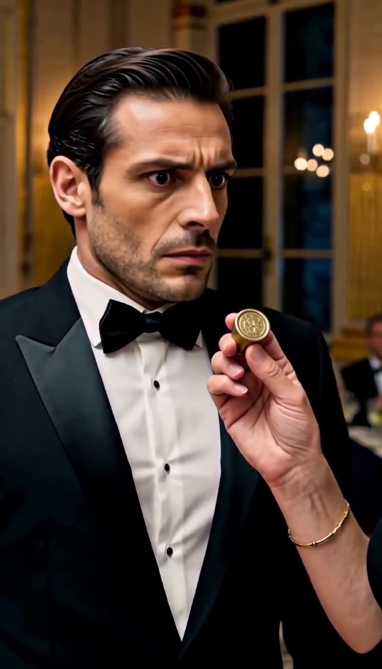 Adrien stares with widening eyes at the brass signet ring held before him.