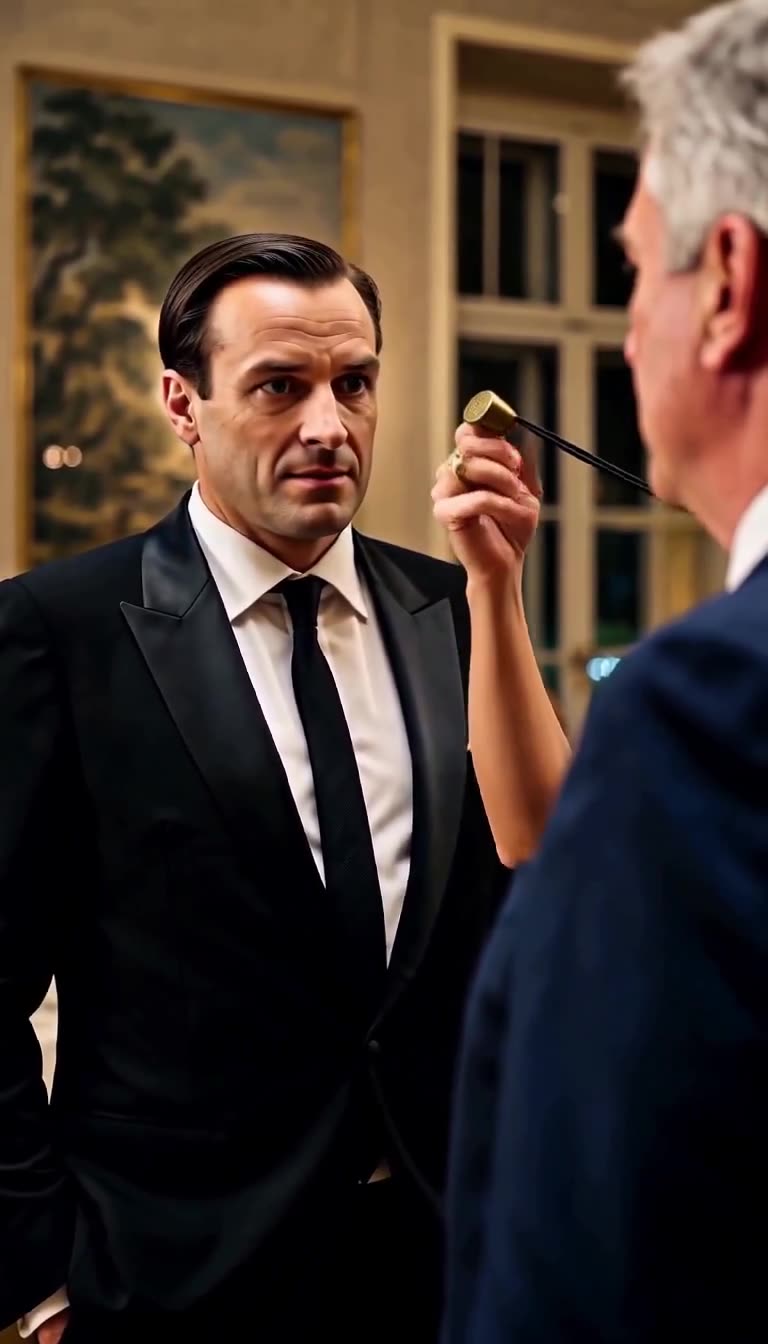 Elena präsentiert das Messingsiegel an einer Kordel vor dem verblüfften Julian im Smoking.