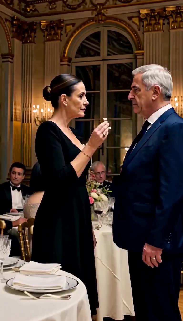 A formidable woman brandishes an insignia in front of an elderly male aristocrat in a banquet hall