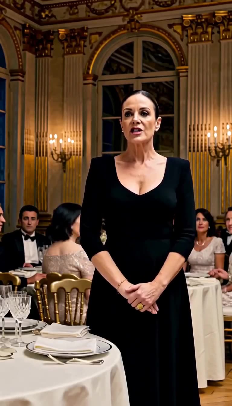 A commanding woman addresses the stunned guests seated at opulent dining tables