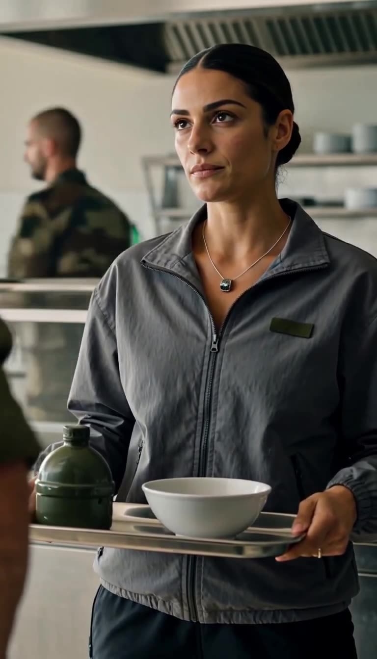 Camille holds her mess tray calmly, her cold gaze fixed forward as a steel signet ring rests against her collarbone.