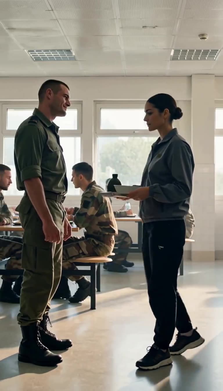 Julien drops his hands in hesitation while Camille remains completely unyielding in the center of the mess hall.