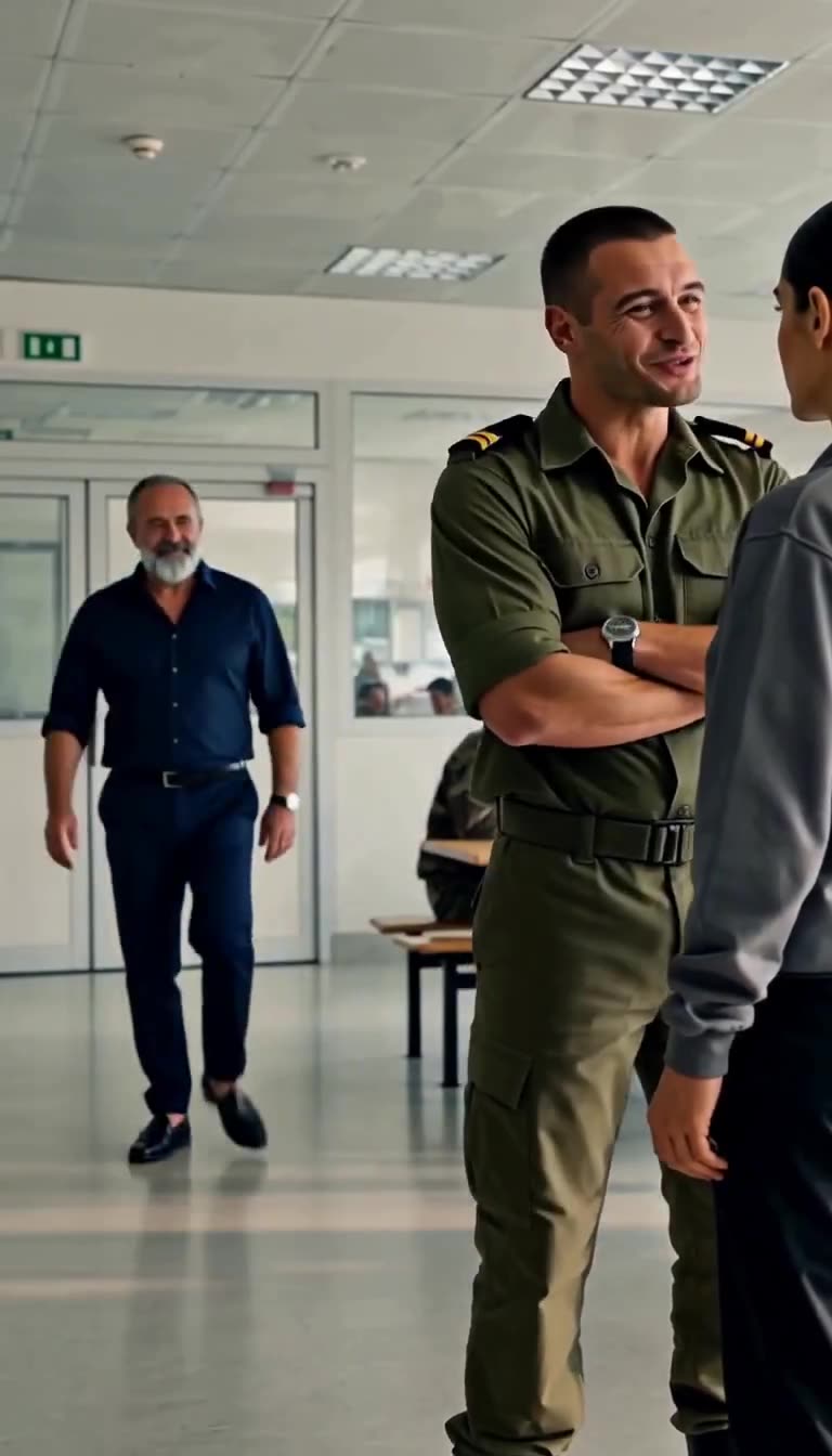 Julien smirks with folded arms as a senior officer named Philippe enters from behind.
