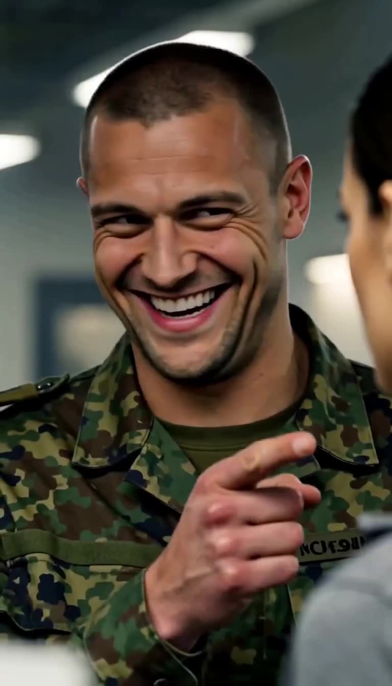 Markus im Tarnfleck lacht schallend und zeigt mit dem Finger spöttisch auf Lena.