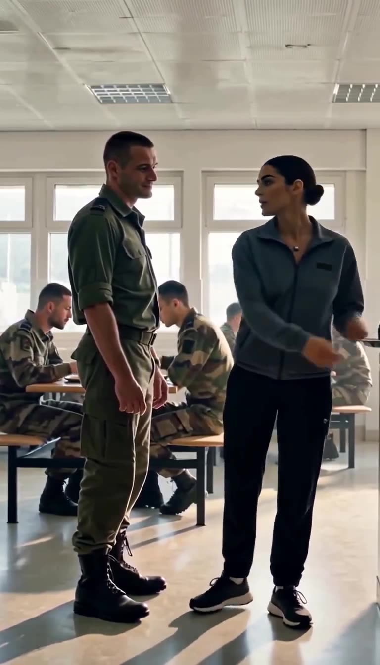 An arrogant military officer in green fatigues confronting the woman in the mess hall