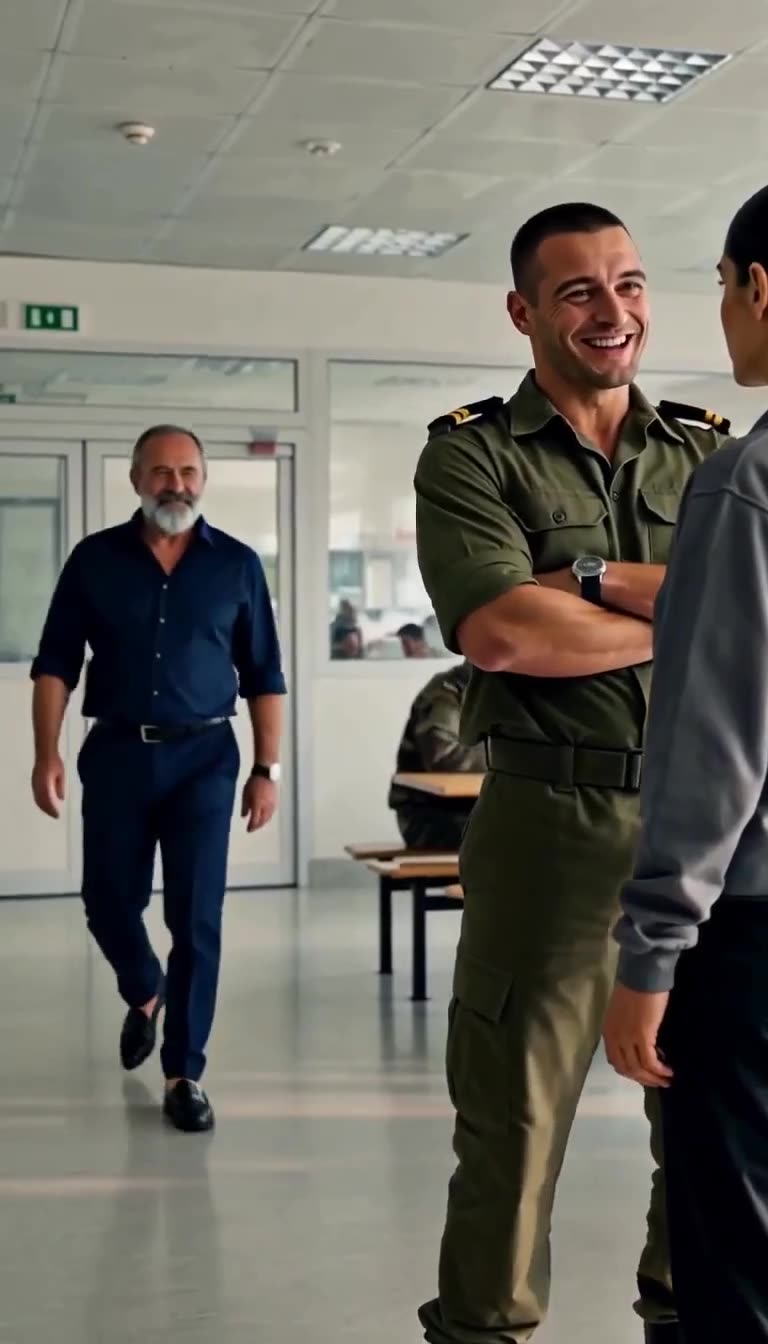 A smiling officer blocking the woman as a senior bearded commander walks in behind him