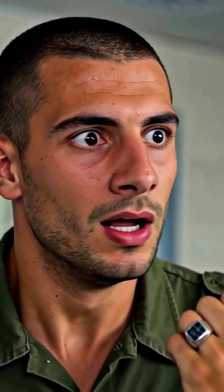A stunned close-up of Julien as he gasps in fear upon spotting the commander's signet ring.