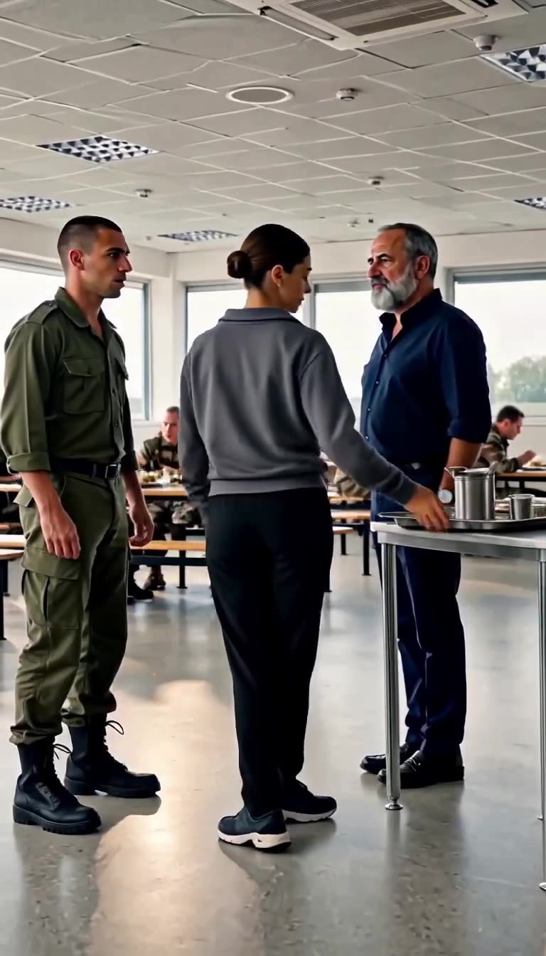 Camille firmly grasps her canteen tray and dismisses Julien while Philippe looks on.