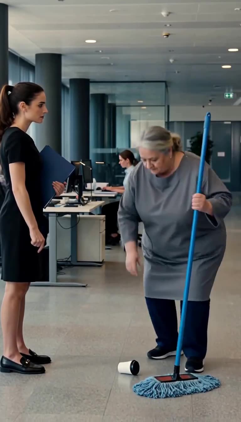 The custodian bends down to pick up the fallen cup while the young corporate worker watches with growing tension.