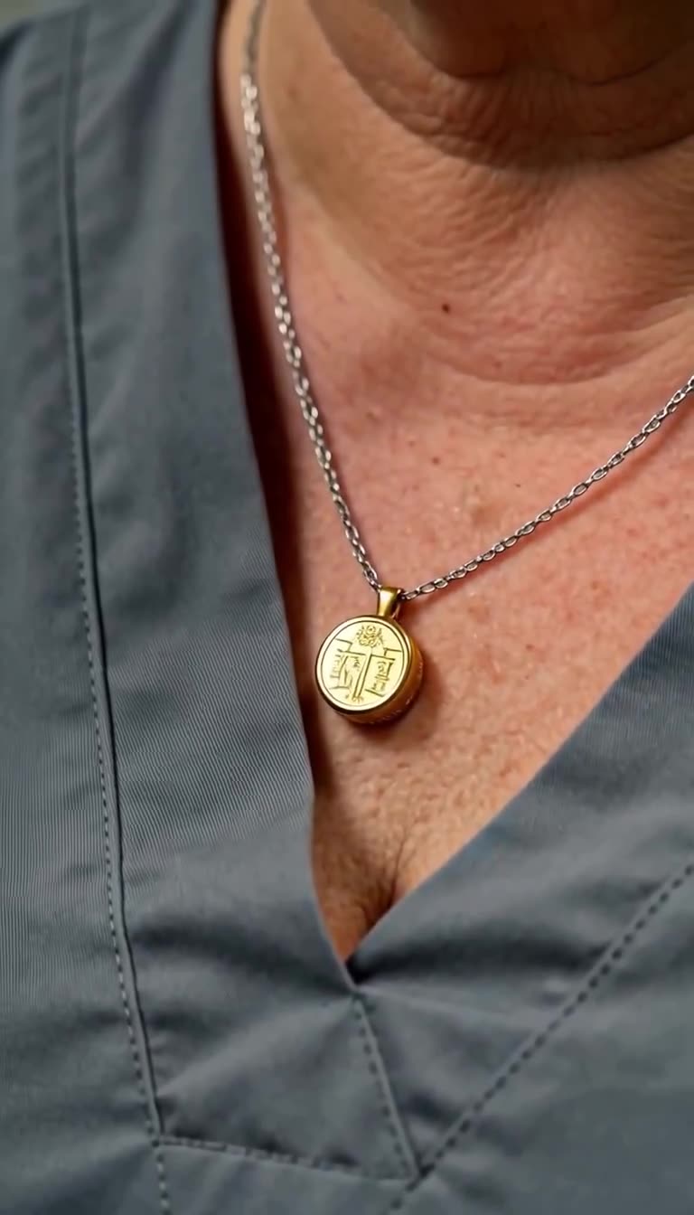 Nahaufnahme eines schweren, gravierten goldenen Siegelrings an einer Stahlkette um Karins Hals.