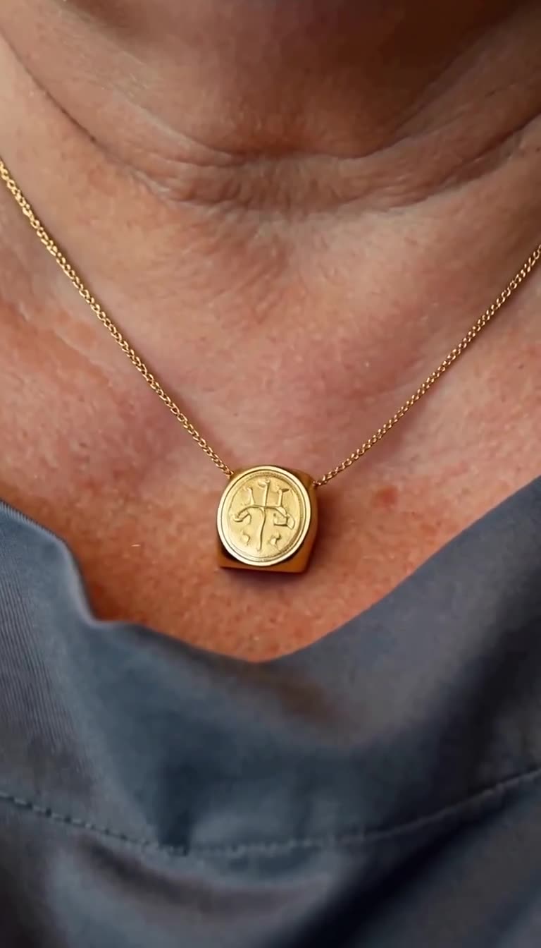 Extreme close-up of an engraved gold signet ring hanging from a chain on Catherine's neck