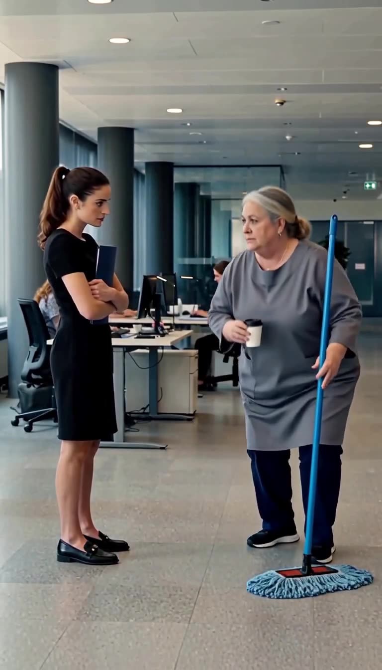 Catherine standing upright with the coffee cup confronting a stunned Chloé in the lobby