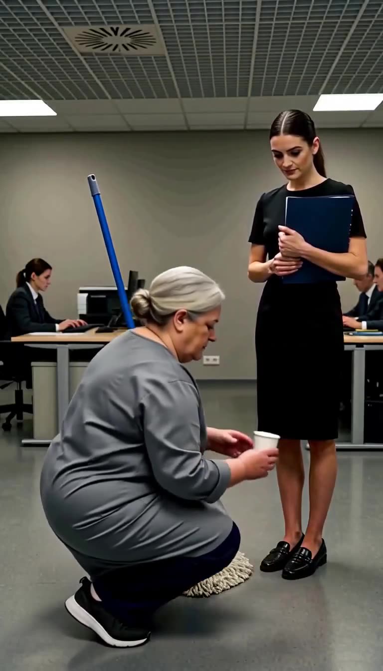 Die Reinigungskraft kniet auf dem Büroboden, während eine herablassende Bewerberin im schwarzen Kleid auf sie herabsieht.