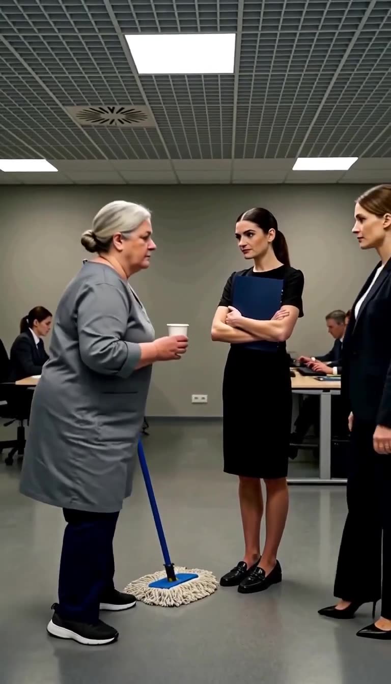 Konfrontation im Büro zwischen der Reinigungskraft, der verschränkten Bewerberin und einer beobachtenden Vorgesetzten.