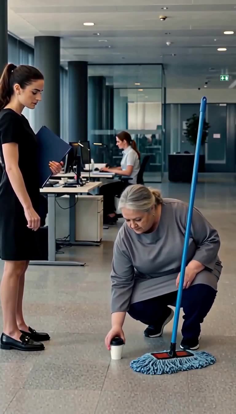 A well-dressed applicant in a black dress watches the custodian bend down to pick up a paper cup