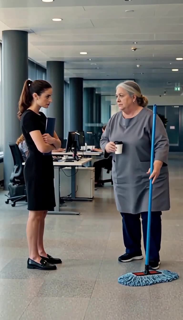 The applicant and custodian stand face to face exchanging tense looks in the modern office