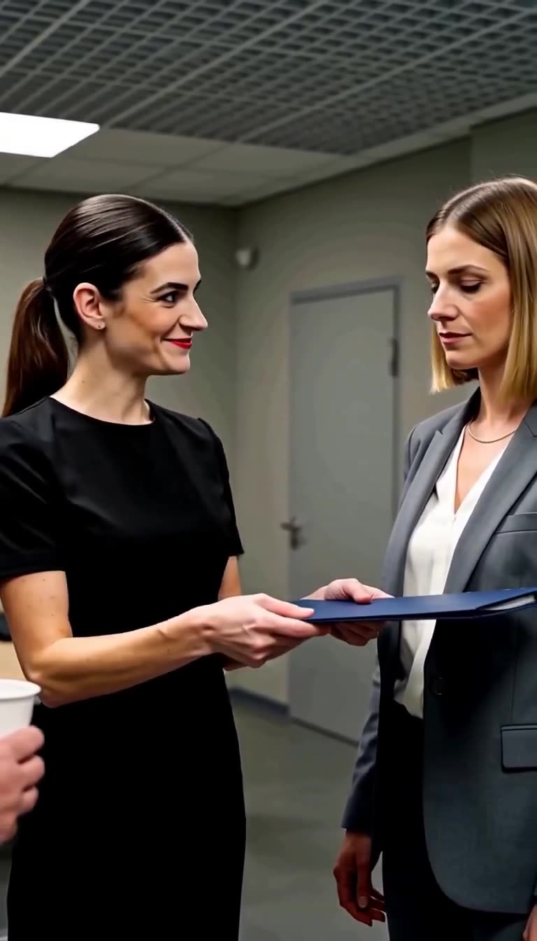 Sophie überreicht Katharina lächelnd eine blaue Aktenmappe und beschwert sich über die Reinigungskraft.