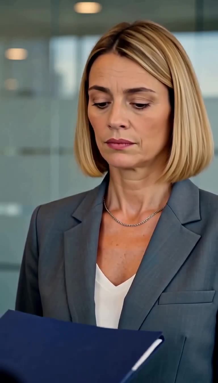 A female director in a grey suit freezes as she looks intently past the applicant