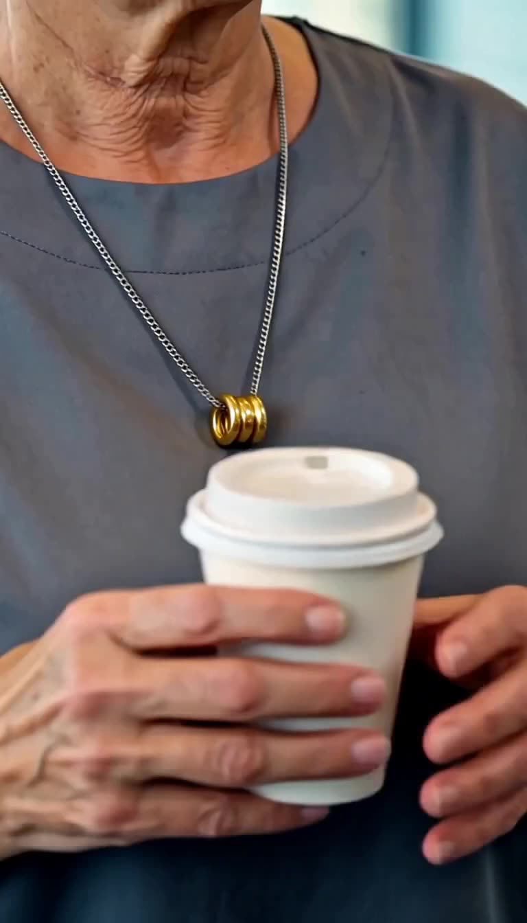 Close-up of Catherine holding a coffee cup, revealing a heavy gold ring necklace on a steel chain.
