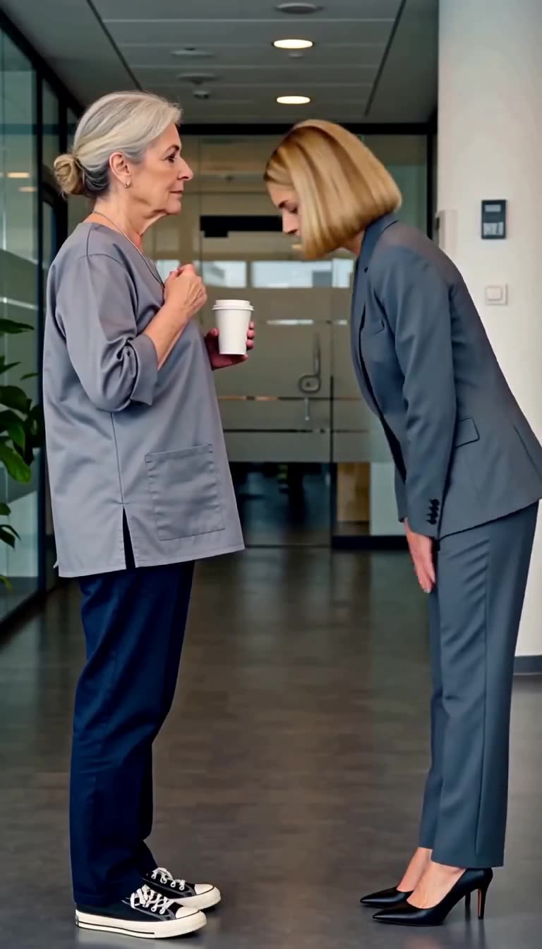 Director Élodie bows low in formal respect before Catherine in the middle of the corporate hallway.