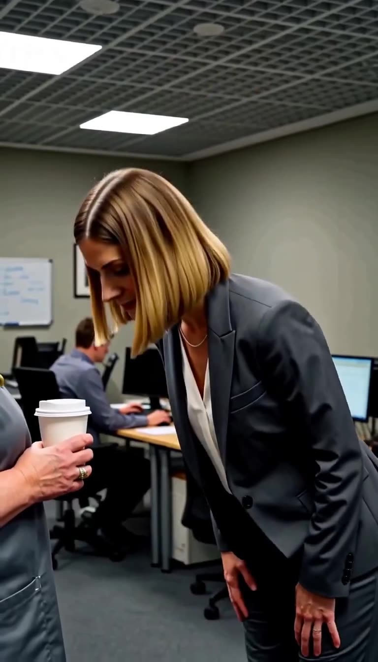 Managerin Katharina verbeugt sich tief und ehrfürchtig vor der Reinigungskraft Karin im Großraumbüro.
