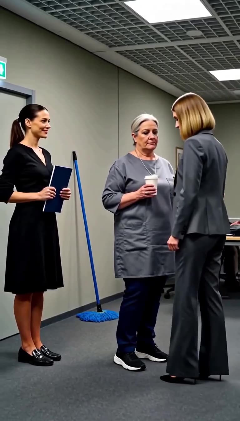 Die verletzte Reinigungskraft tritt mit einem Kaffeebecher zwischen die beiden Frauen in den Konferenzraum.