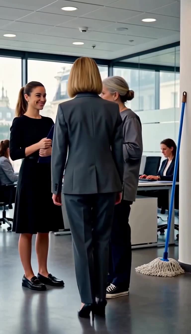 A corporate CEO in a grey suit confronts the applicant alongside an elderly cleaning lady in the office.