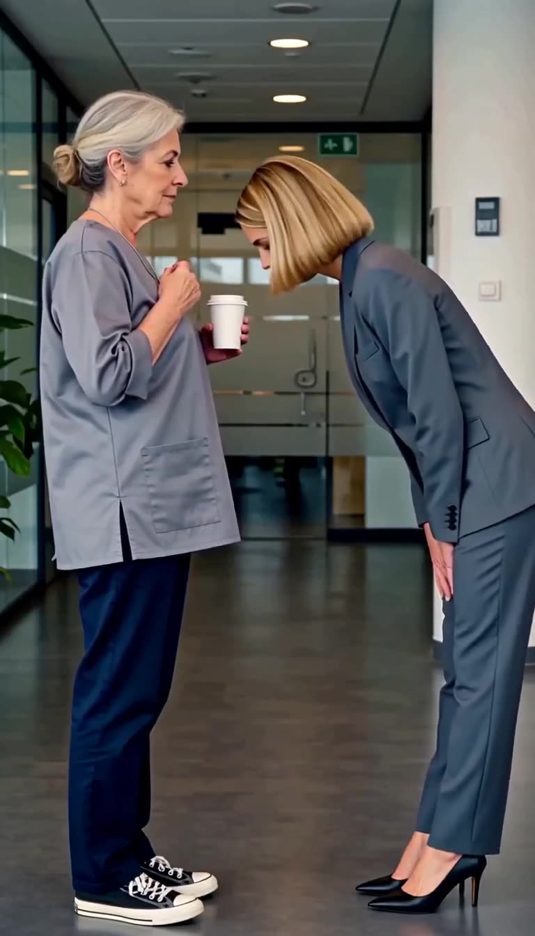 A senior business executive in a tailored grey suit bows respectfully before an elderly cleaning woman holding a coffee cup.