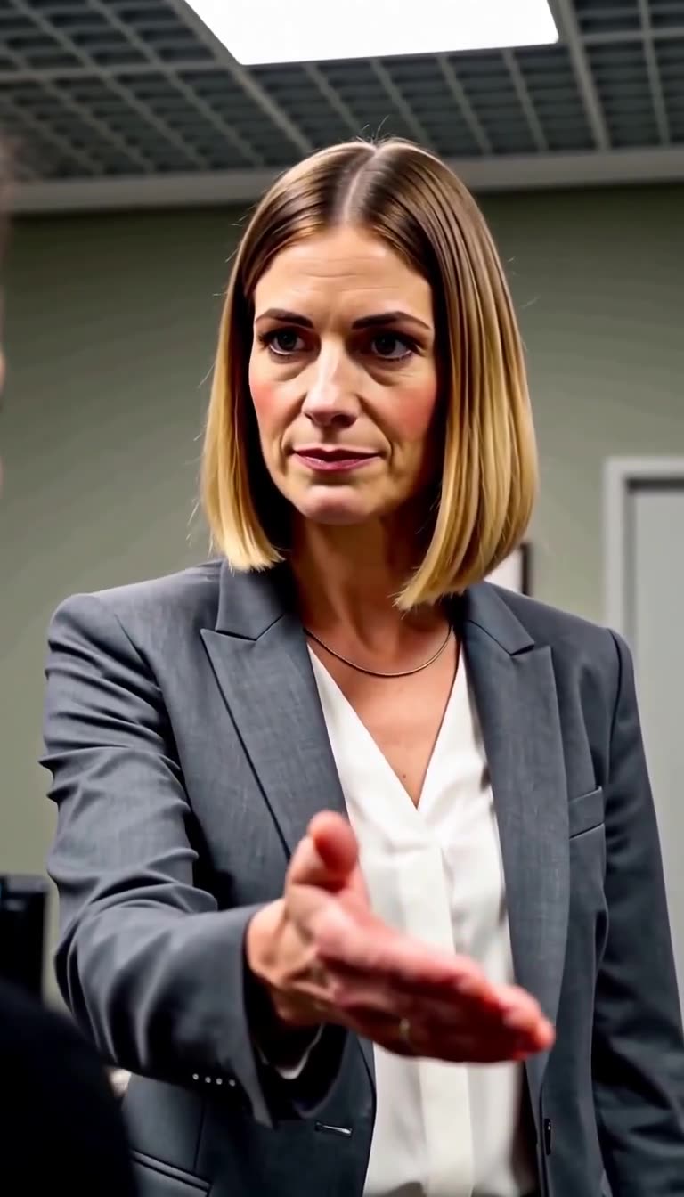 Katharina streckt im grauen Hosenanzug mit kühlem Blick die Hand aus, um die Mappe einzufordern.