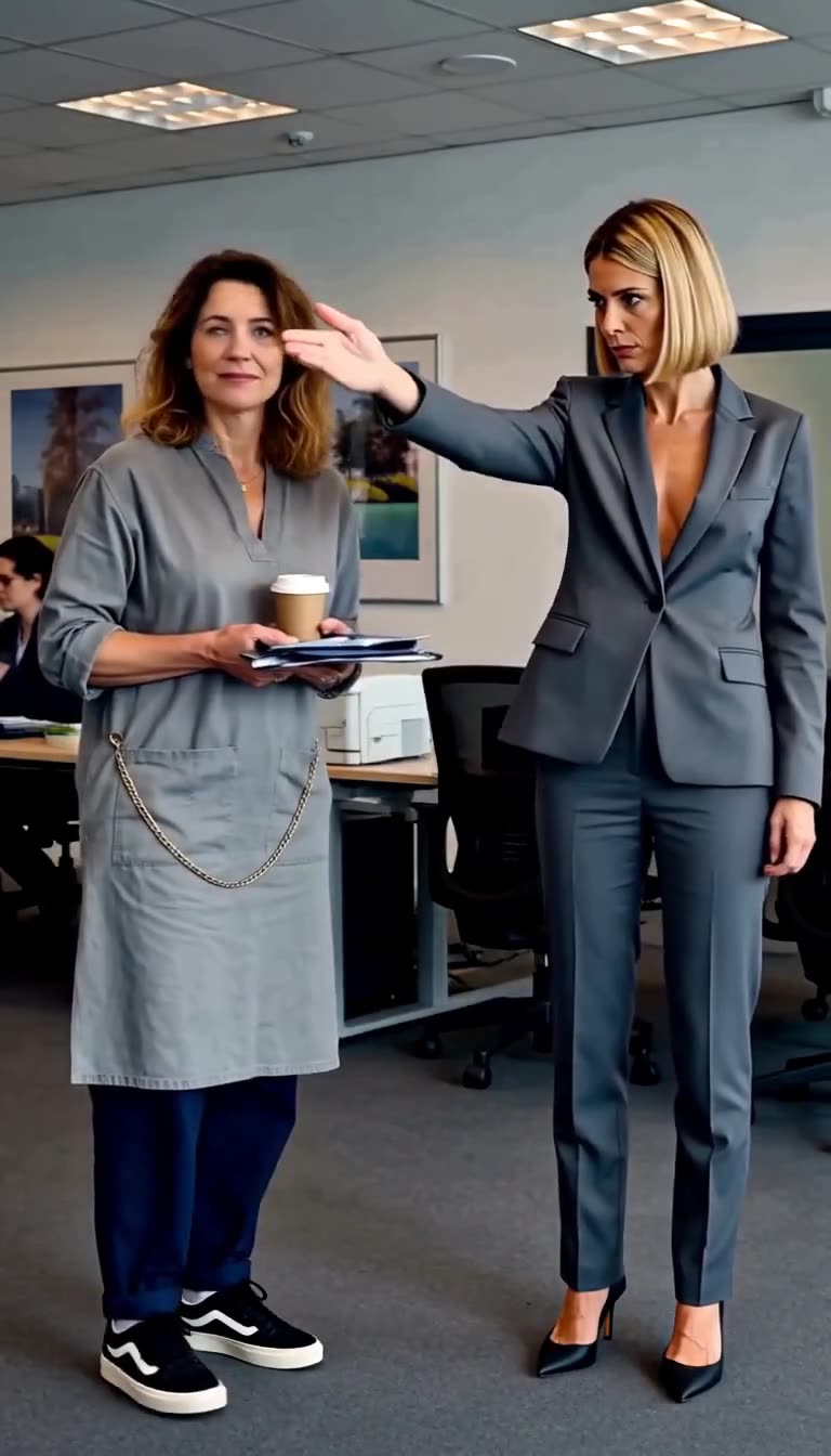 Élodie points toward the executive boardroom while Catherine looks ahead.