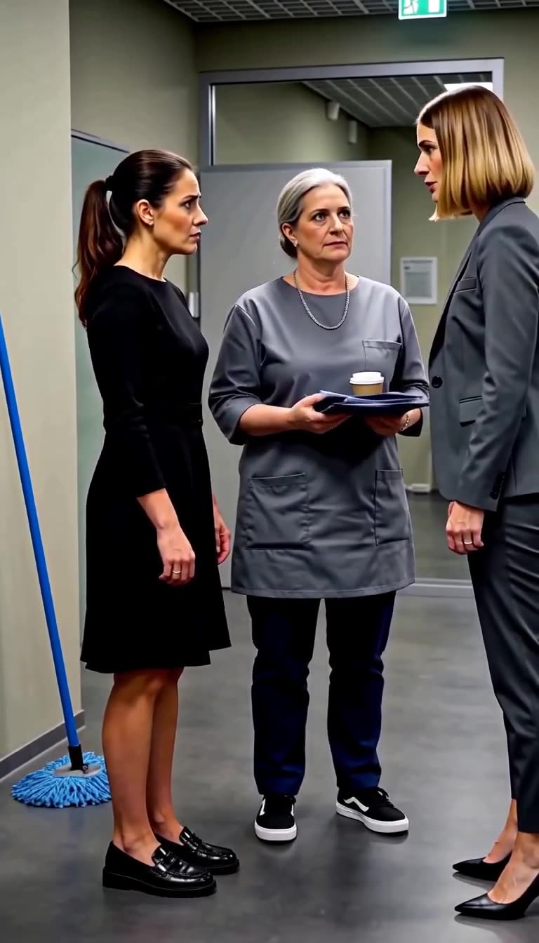 Sophie im schwarzen Kleid, Karin im Kittel und Katharina stehen sich im Korridor gegenüber.
