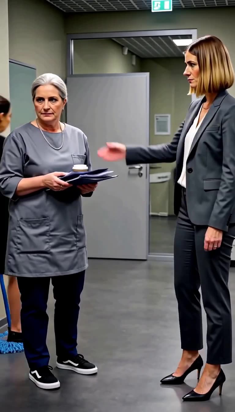 Katharina weist mit ausgestrecktem Arm in den Konferenzraum, während Karin die zerrissenen Papiere hält.