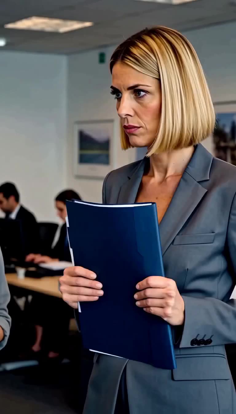 The corporate executive grips a blue folder containing the applicant's dossier with a cold expression