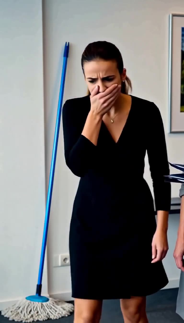 A young woman in a black dress gasps in horror and covers her mouth near a cleaning mop