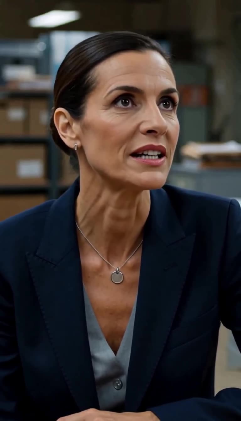 Camille looks on calmly with a circular steel security token visible on her necklace
