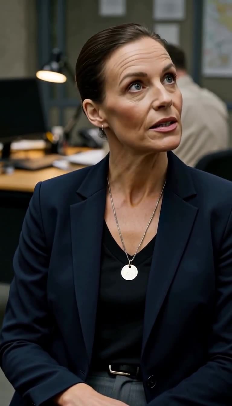 Nahaufnahme von Katharina im marineblauen Blazer mit stählerner Kette, wie sie ruhig die Warnung ausspricht.