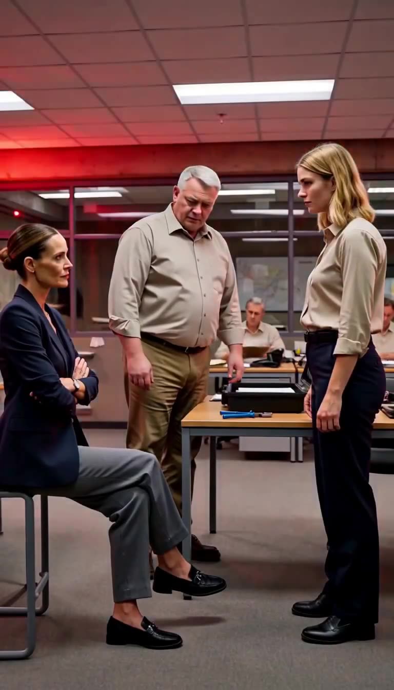 Die Notbeleuchtung taucht das Archiv in rotes Licht, während Katharina, Markus und Laura stumm verharren.