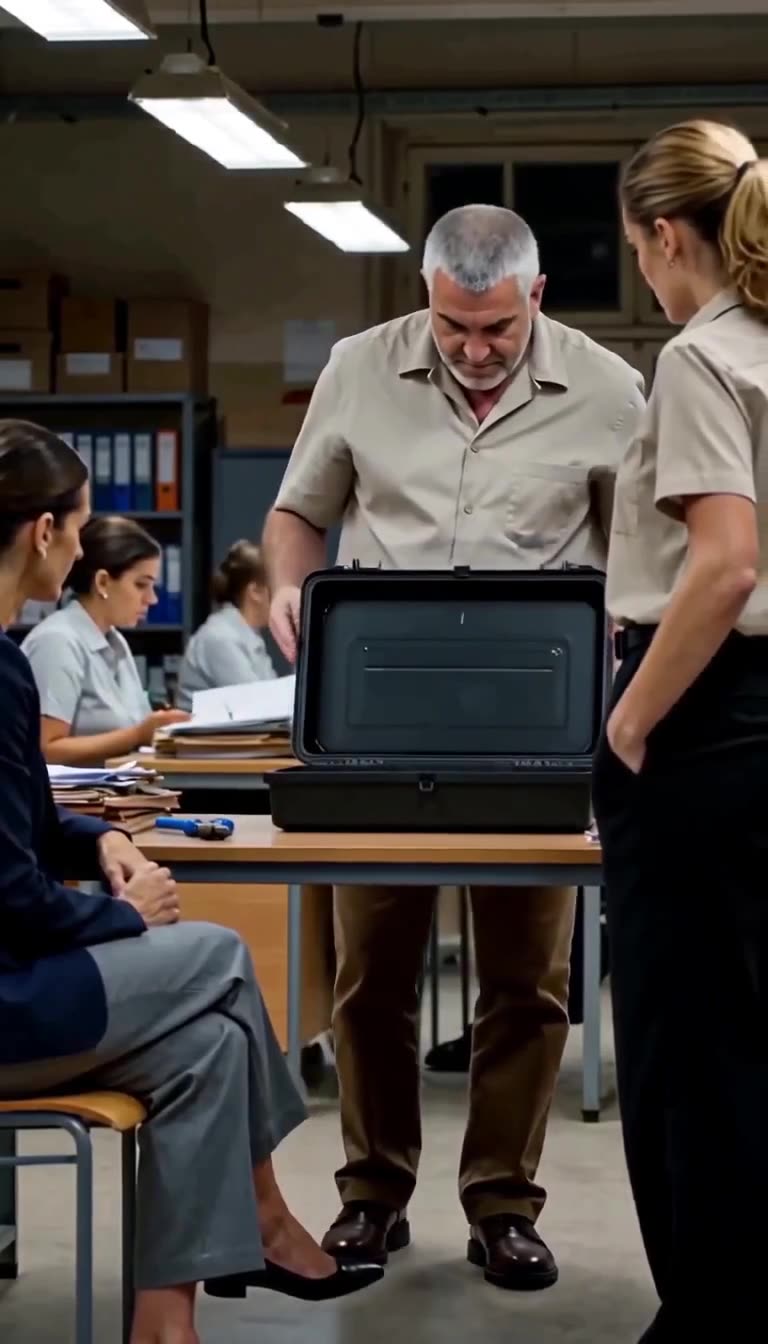 Captain Julien Mercier opens the confiscated tactical case on a desk as colleagues watch.