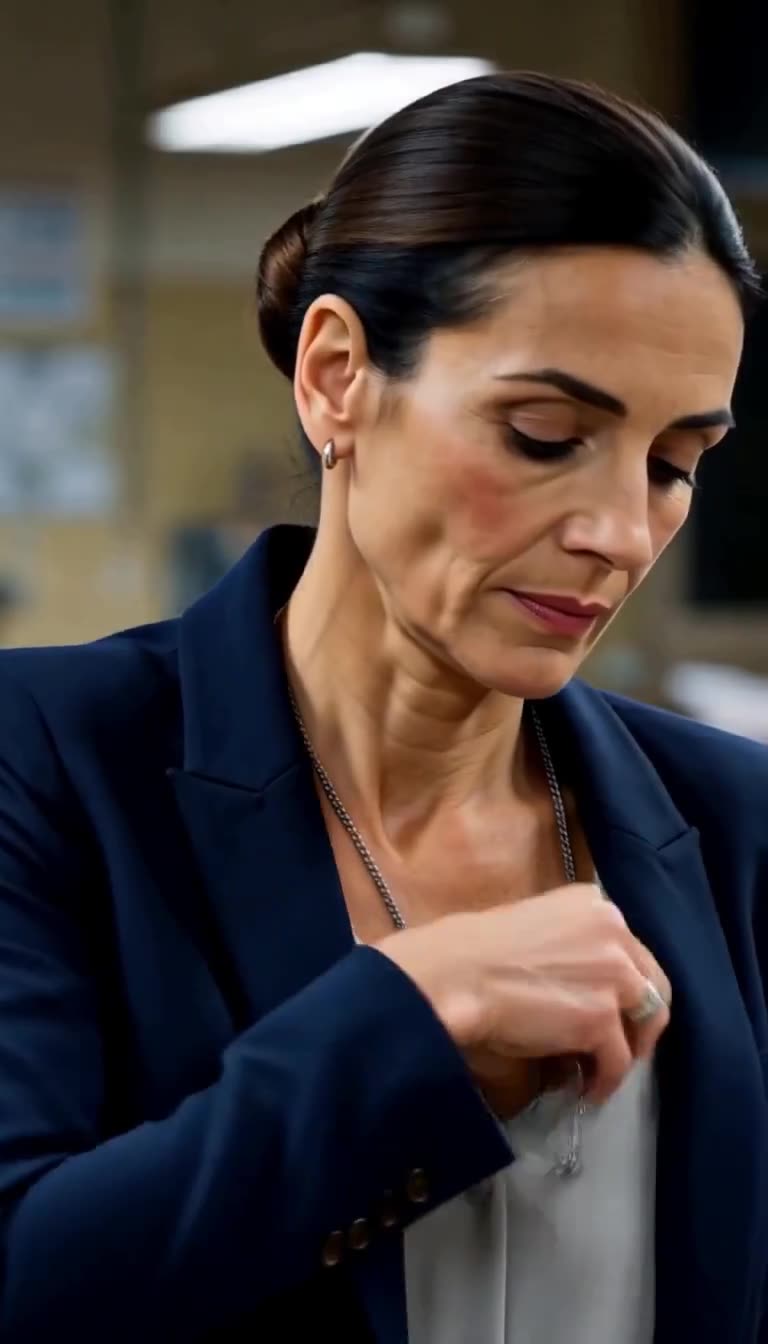Camille reaches beneath the collar of her navy blazer to retrieve a hidden steel key token