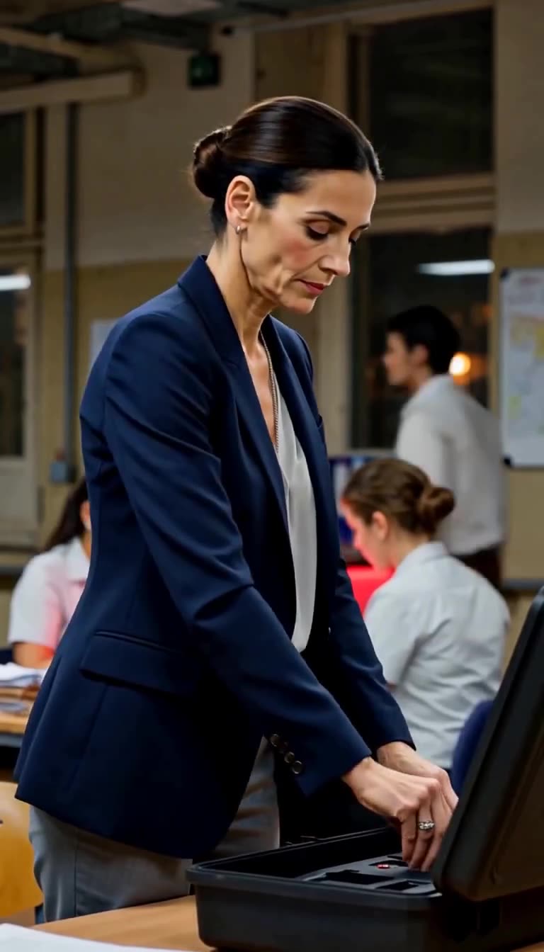 Camille stands calmly inserting the metallic token into the open briefcase terminal