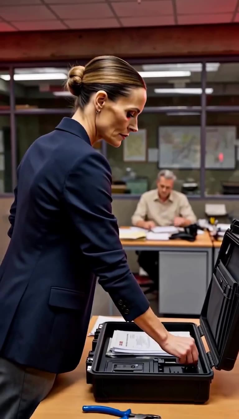 Katharina setzt den runden Metall-Token in den schwarzen Koffer auf dem Schreibtisch ein.