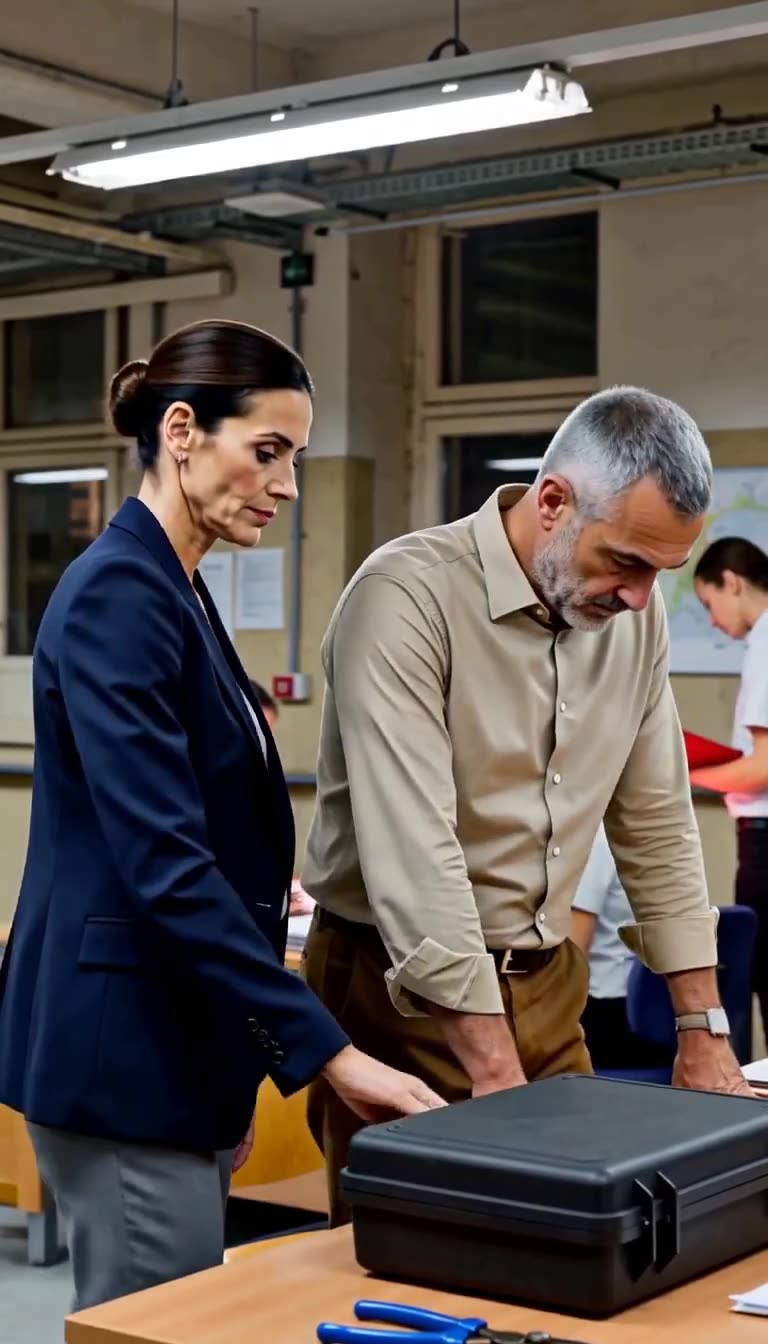 Camille standing with cold authority beside Marc, who bows his head in defeat over the closed briefcase