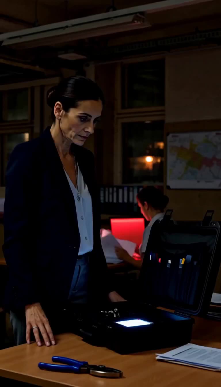 The precinct lights dim as the opened briefcase reveals an illuminated tracking screen.